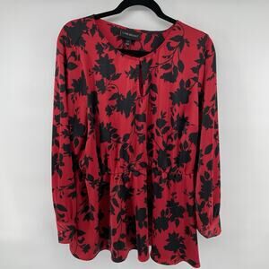 Lane Bryant Blouse Size 18 Womens Top Red Black Floral Tunic Keyhole